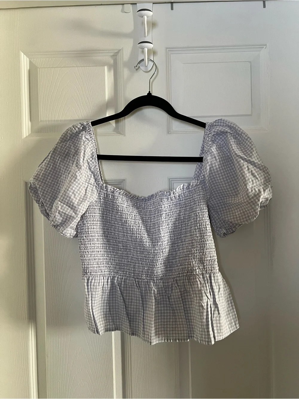 J. Crew Lavender Gingham Smocked Puff Sleeve Top